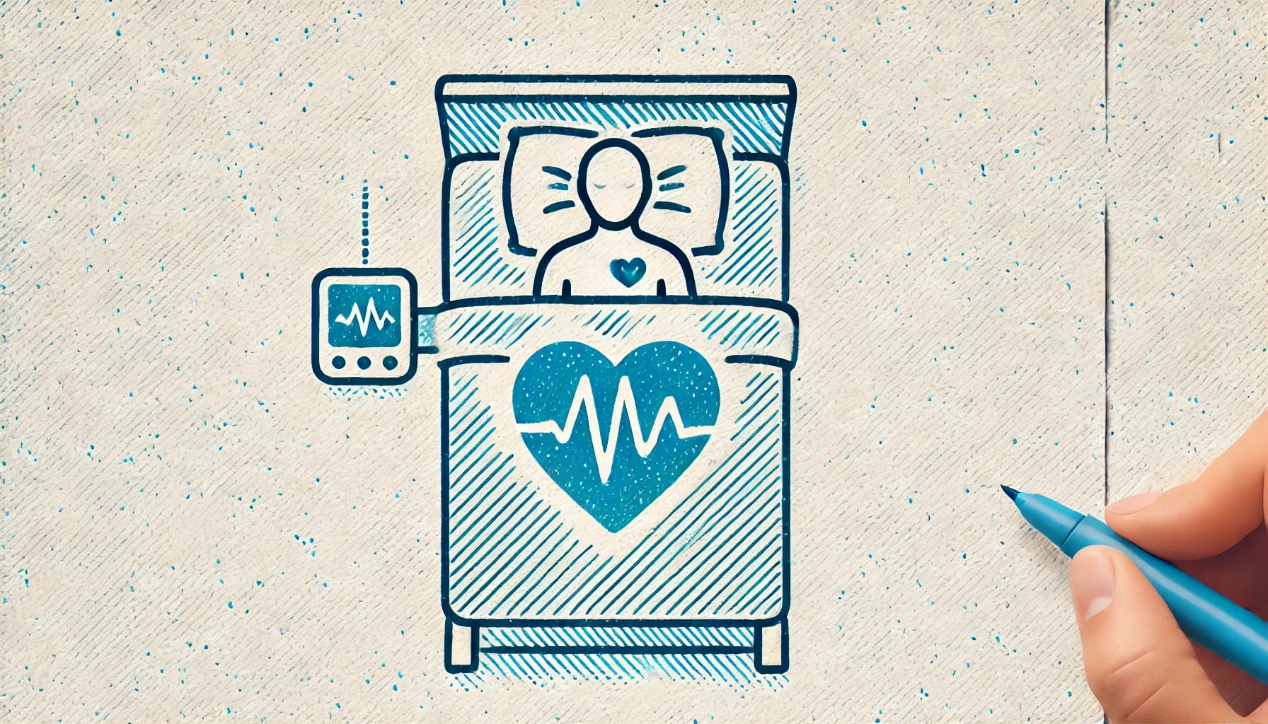 Illustration of a person in a hospital bed with a heart monitor, capturing the essence of autonomic research. A hand gracefully holds a blue pen to the right, possibly documenting insights on HRV tools during nighttime observations.