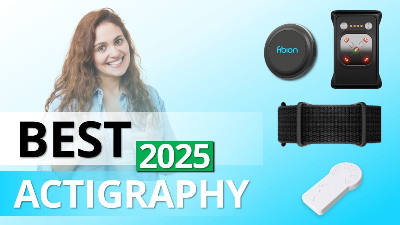 A woman smiles on a blue background next to various actigraphy devices. Text reads "Best 2025 Sleep Trackers.