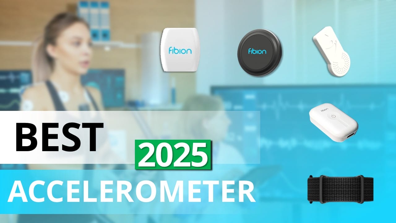 A blurred person in a lab setting is surrounded by cutting-edge research, showcasing the best 2025 accelerometer devices displayed on the right. Text reads "Best 2025 Accelerometer.