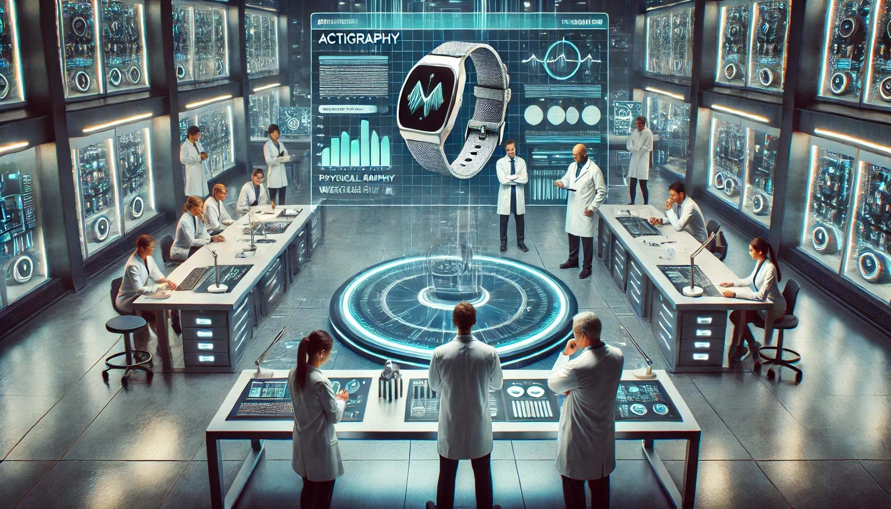 In a futuristic lab, scientists in 2025 analyze a holographic interface displaying an Actigraphy Watch's health data. With multiple monitors and cutting-edge technology, the room buzzes with innovation as they explore global options for health optimization.