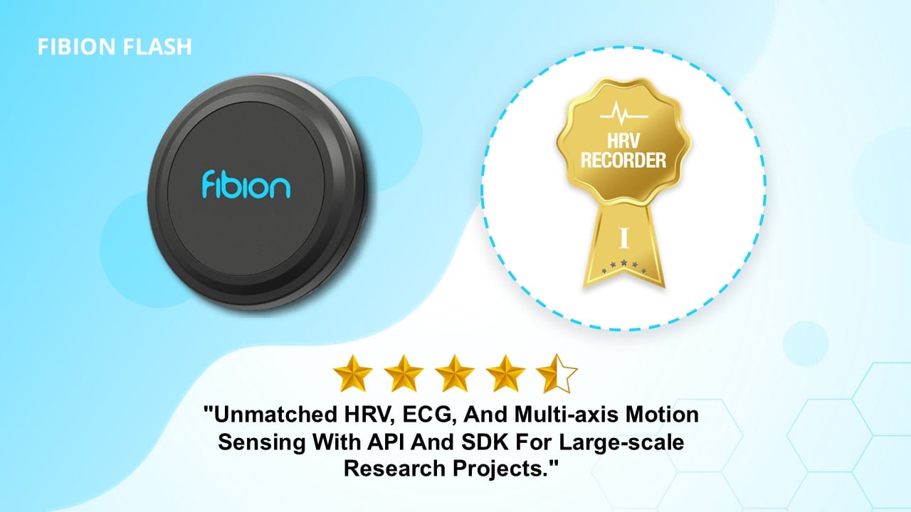 Next to the Fibion Flash device and HRV Recorder badge, Actigraphy Watches stand out with features like HRV, ECG, motion sensing, API, and SDK—perfect for 2025 research needs.