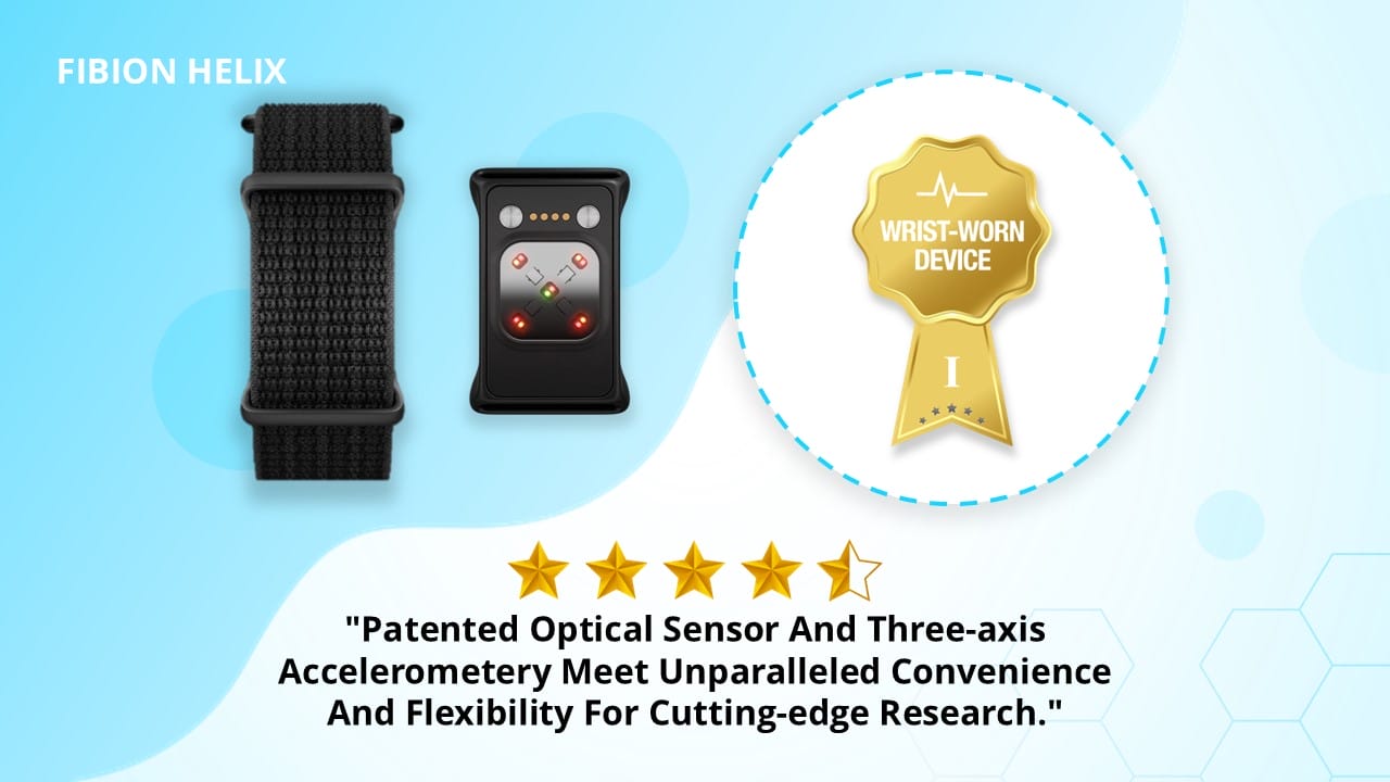 Experience the cutting-edge Fibion Helix, a 2025 actigraphy watch boasting an optical sensor and three-axis accelerometer. With its 5-star rating and badge of excellence, it's the perfect companion for research enthusiasts.