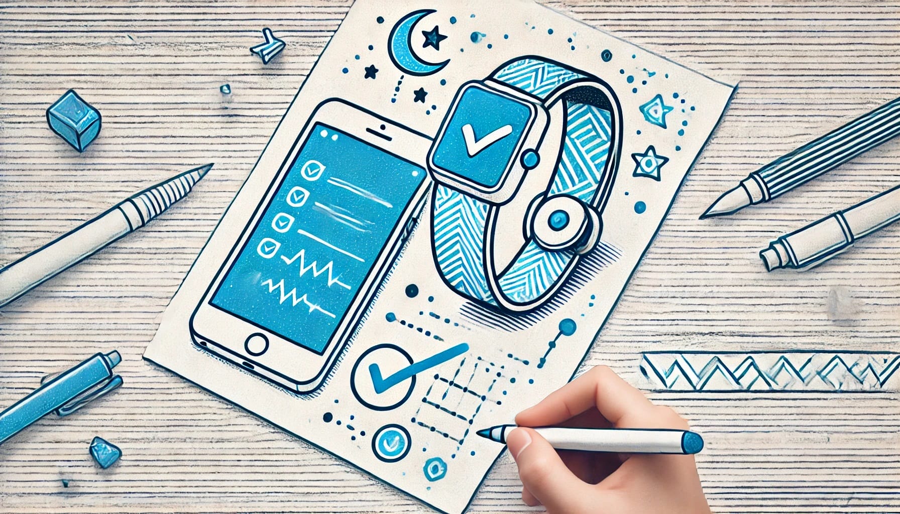 Illustration of a smartphone and smartwatch with checkmarks, surrounded by pens and geometric patterns, depicting digital task management and health tracking through actigraphy.