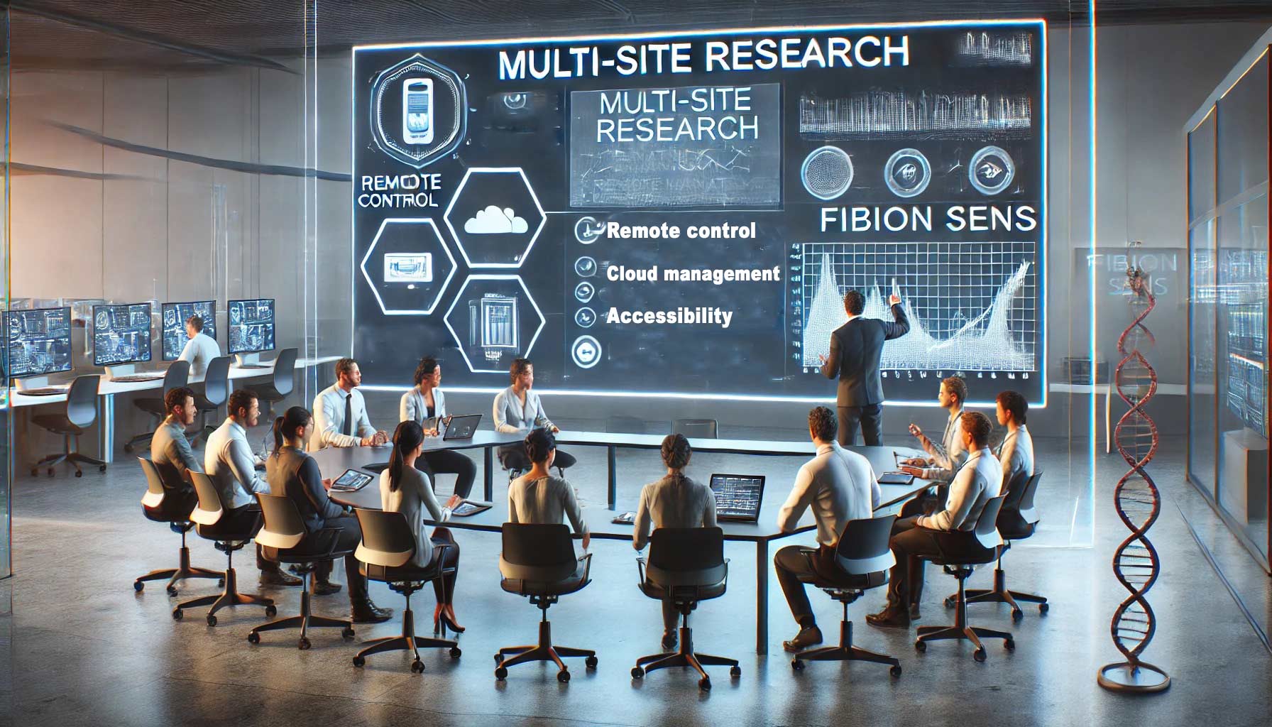 In a modern conference room, a group attentively watches a presentation on multi-site research. Large screens display essential features like remote control and cloud management, highlighting the latest research devices that enhance accessibility and efficiency.