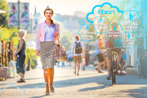 A woman in business attire walks outdoors, showcasing activity stats with essential features like cycling, running, and sitting durations. The graphic overlay exemplifies the capabilities of advanced research devices tailored for modern professionals.