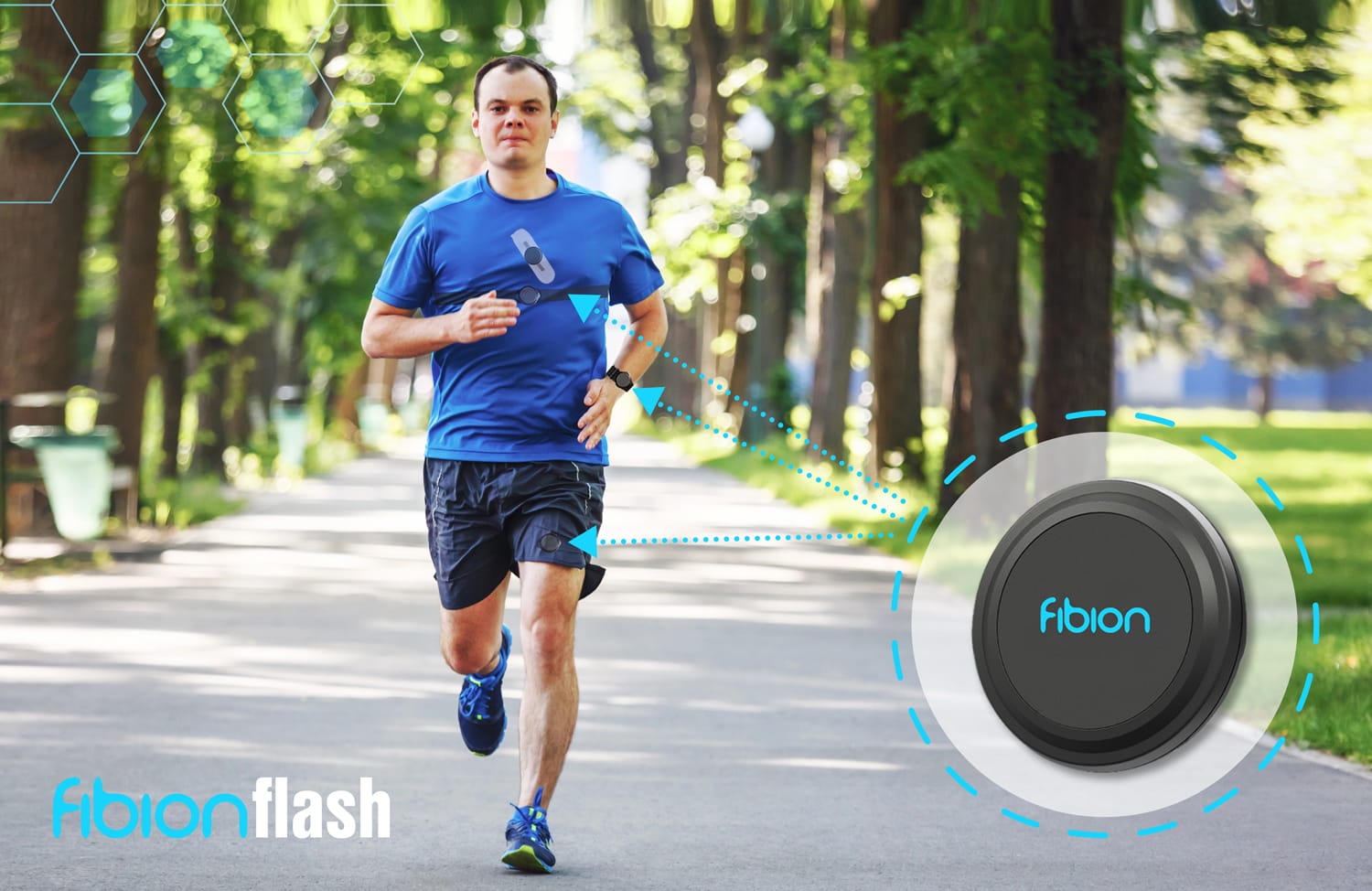 A man jogging in a park wears the Fibion Flash fitness tracker, which prominently displays HRV data. The sleek device is highlighted in the foreground with branding text: "Fibion Flash.