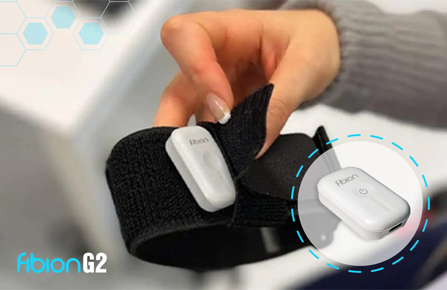 A hand holds a black strap with a small white fibion G2 device attached, ideal for activity research. A circular close-up of the wearable device is on the right, featuring the fibion logo.