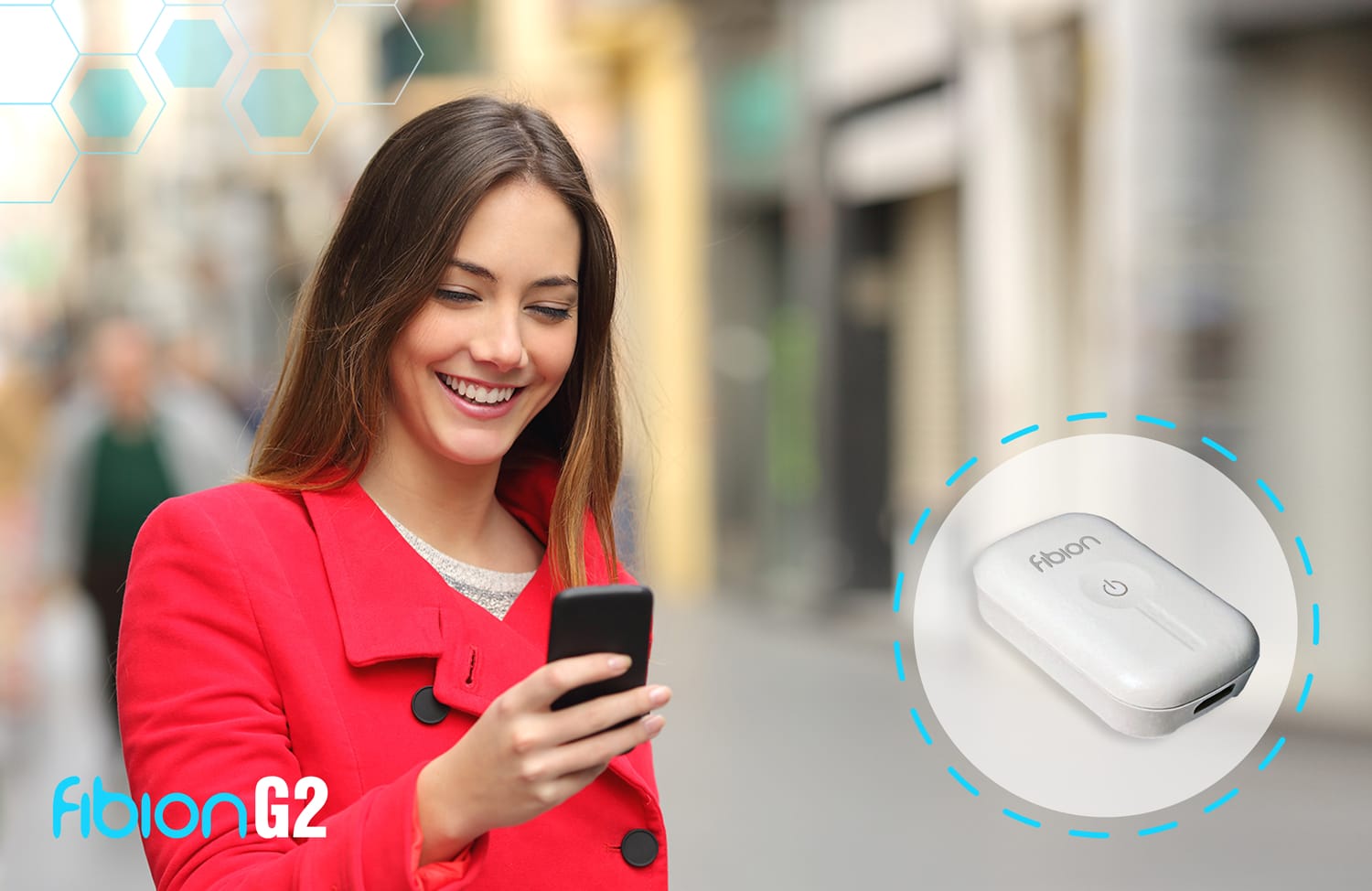 A woman in a red coat smiles at her phone on a bustling city street, showcasing the Fibion G2 wearable. This small electronic device is perfect for activity and sleep research, seamlessly integrating into her daily routine.