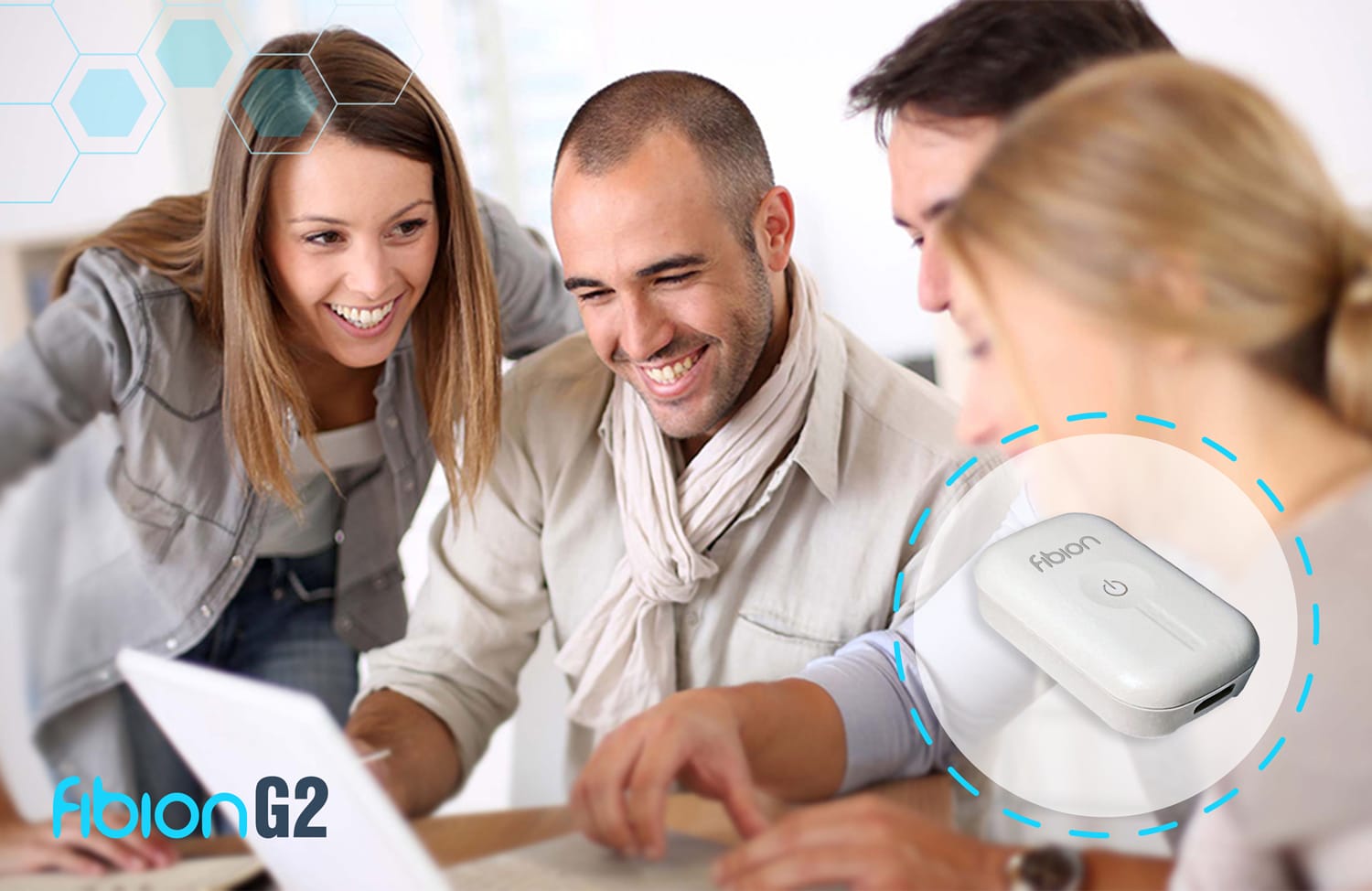 Three people smiling and looking at a laptop screen, likely reviewing accelerometer data. A small device labeled "fibion G2" is shown in an inset on the image, highlighting its measurement resolution capabilities.