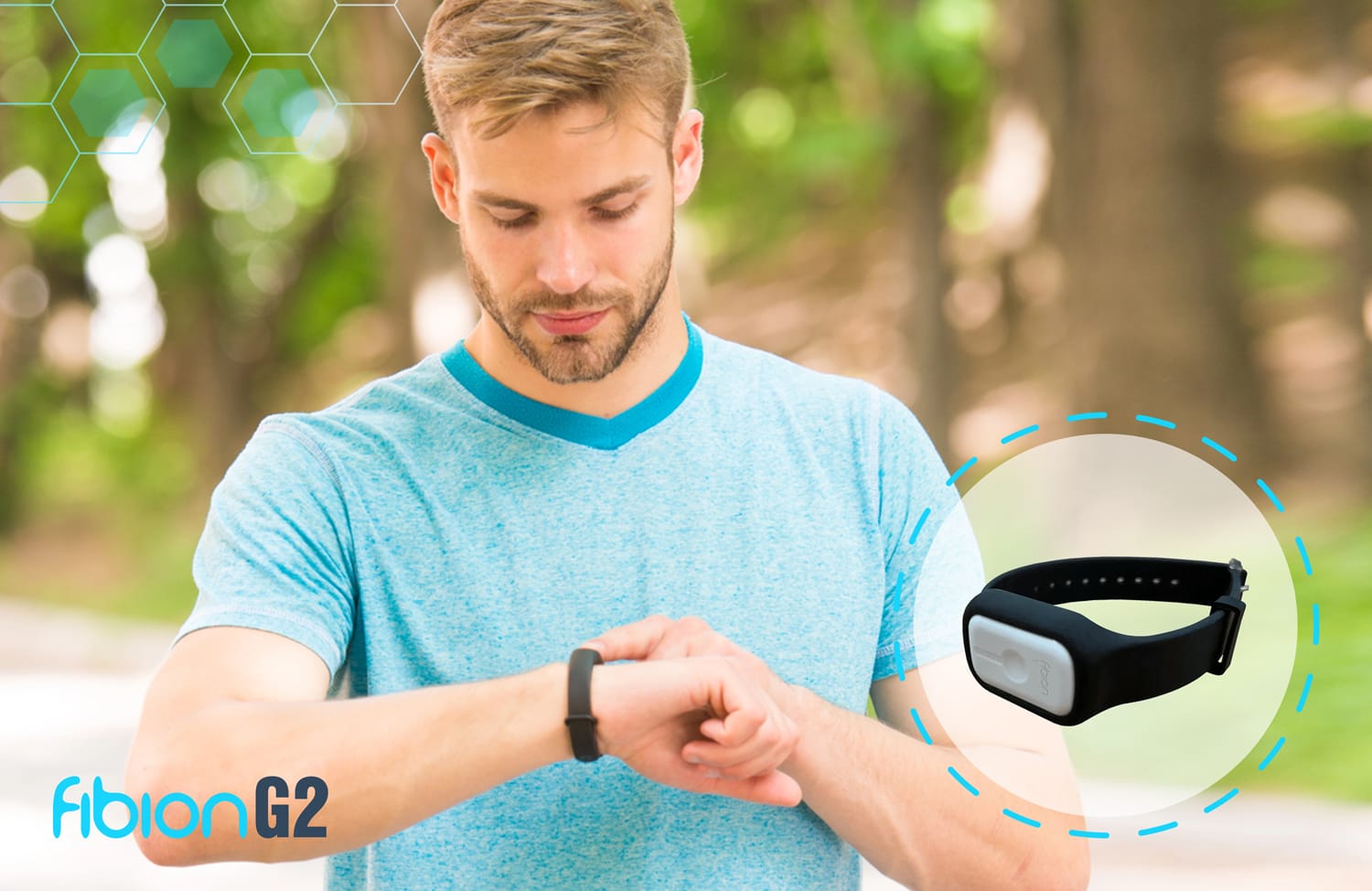 A man wearing a blue t-shirt checks his Fibion G2 wearable outdoors. An image of the device in a bubble appears on the right, highlighting its activity and sleep research features. Branding reads "Fibion G2" in the corner.