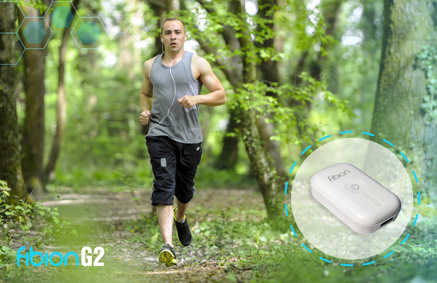 A man jogging on a forest path, wearing headphones and athletic clothing. An inset highlights a small electronic device labeled "Fibion G2," showcasing its versatile wearing options for seamless data collection.