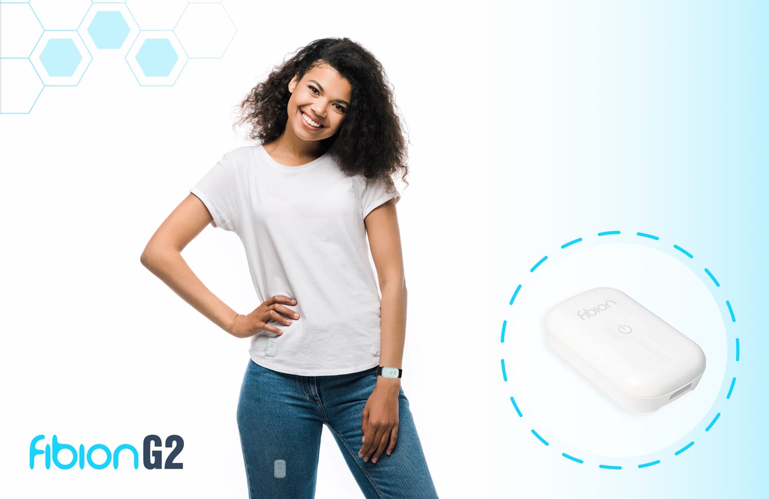 A person in a white t-shirt and jeans stands next to a Fibion G2 device, ready for data collection with its versatile wearing options.