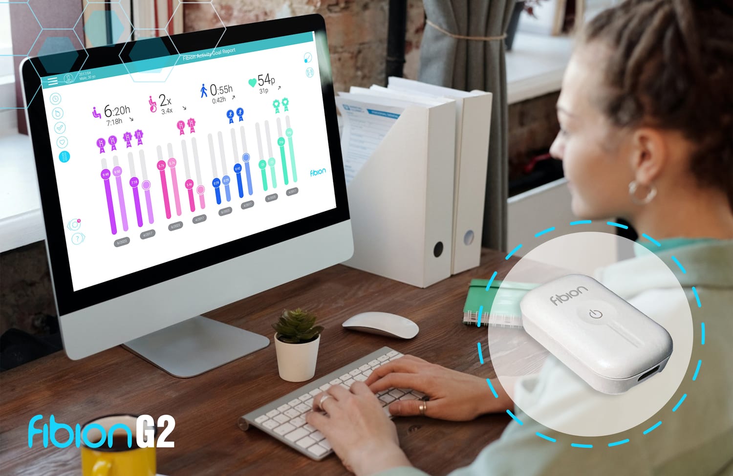 A person works at a desk, focusing on a computer screen that displays the Fibion G2 activity tracker interface. In an inset circle, a small wireless device labeled "fibion" is highlighted, showcasing its precision in measurement resolution and detailed accelerometer data.