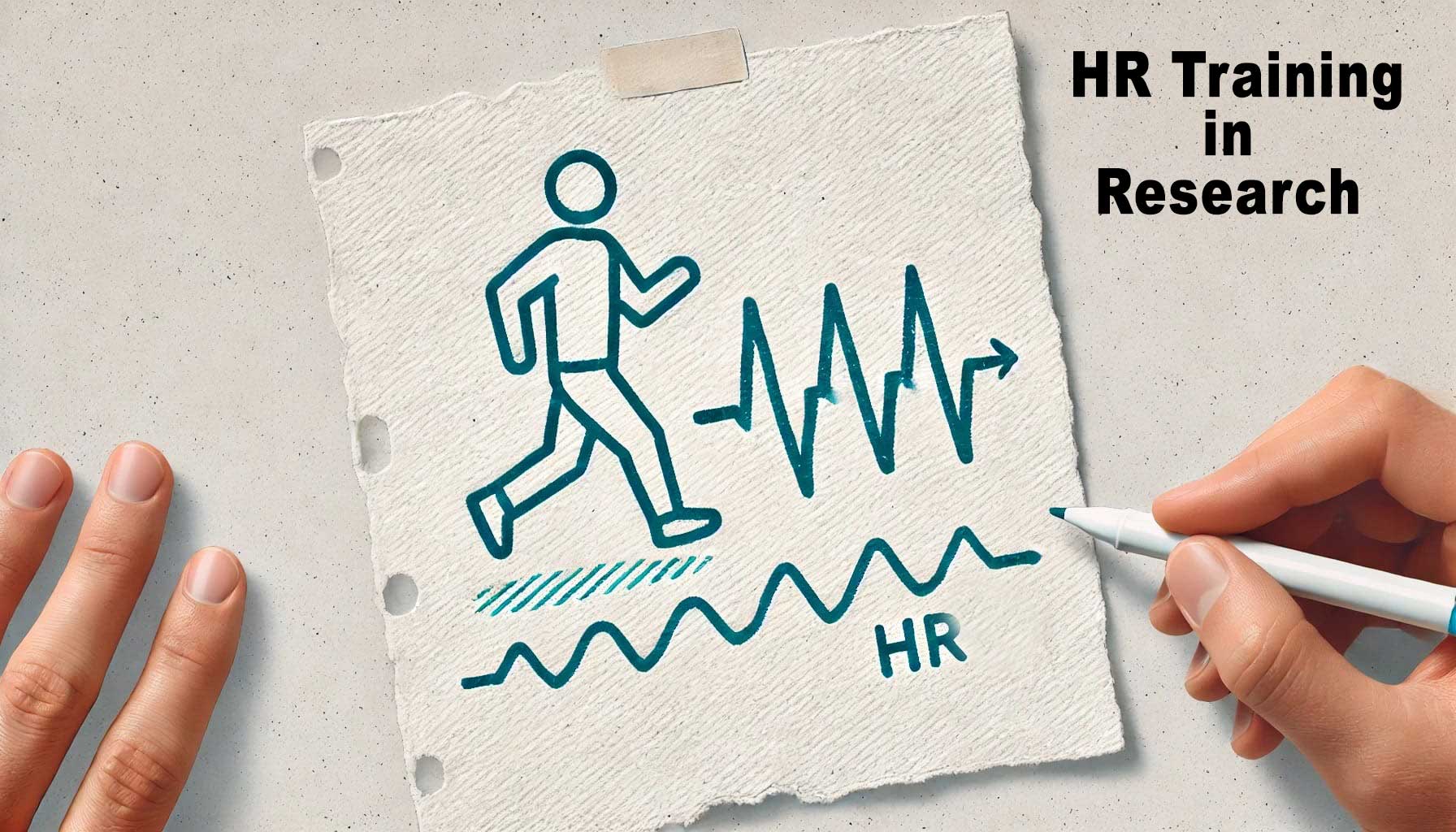 A drawing of a stick figure running with heart rate lines, labeled "HR," accompanied by text reading "Guided Heart Rate Training in Research" next to a hand holding a pen.