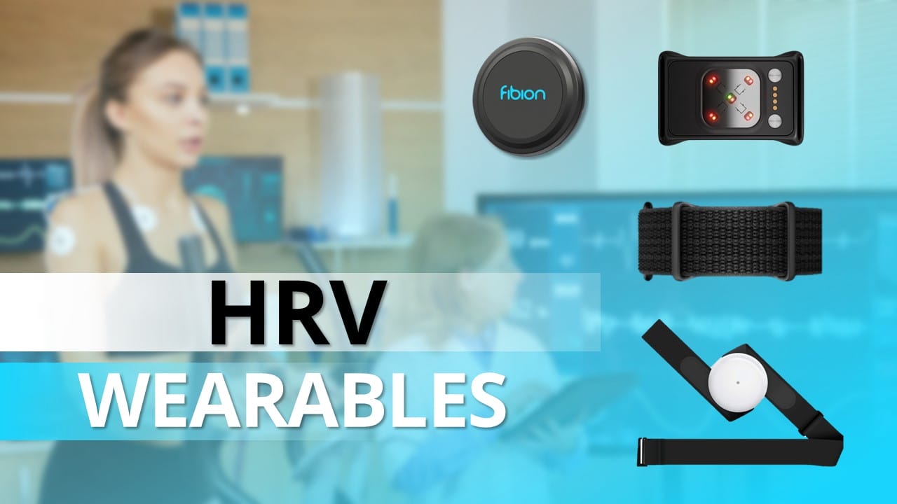 Image showcasing four types of HRV wearable devices, highlighting advancements in heart rate variability measurement. In the background, a person utilizes fitness equipment, illustrating how researchers are integrating wearables into everyday health and fitness routines.