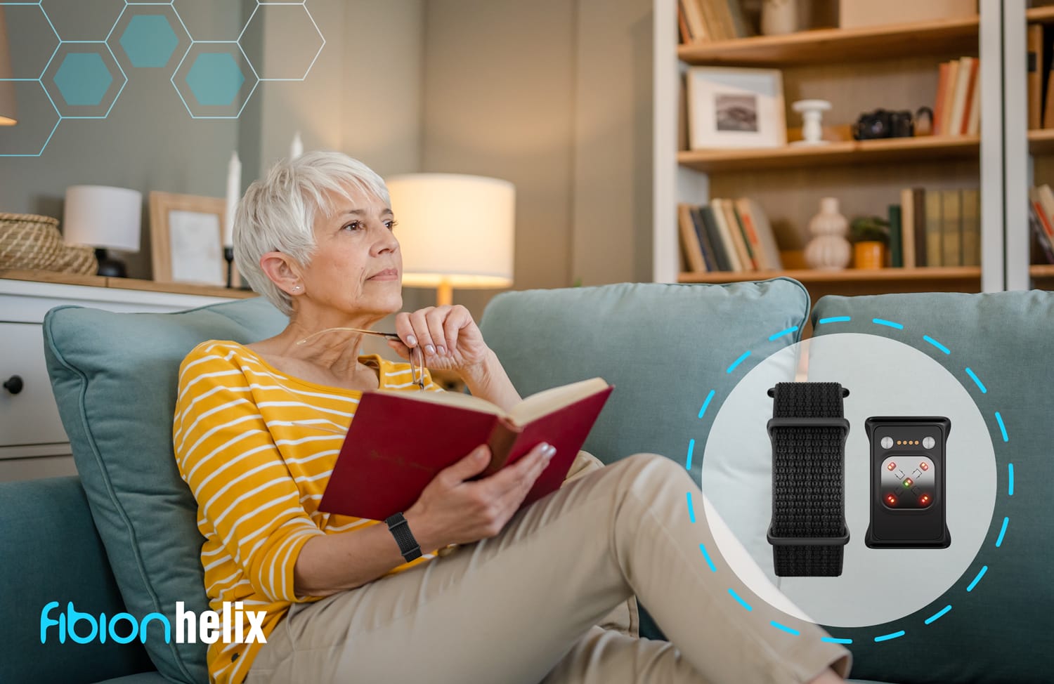 An elderly person sits on a sofa, engrossed in a book, with a Fibion Helix fitness tracker highlighted in a graphic overlay.