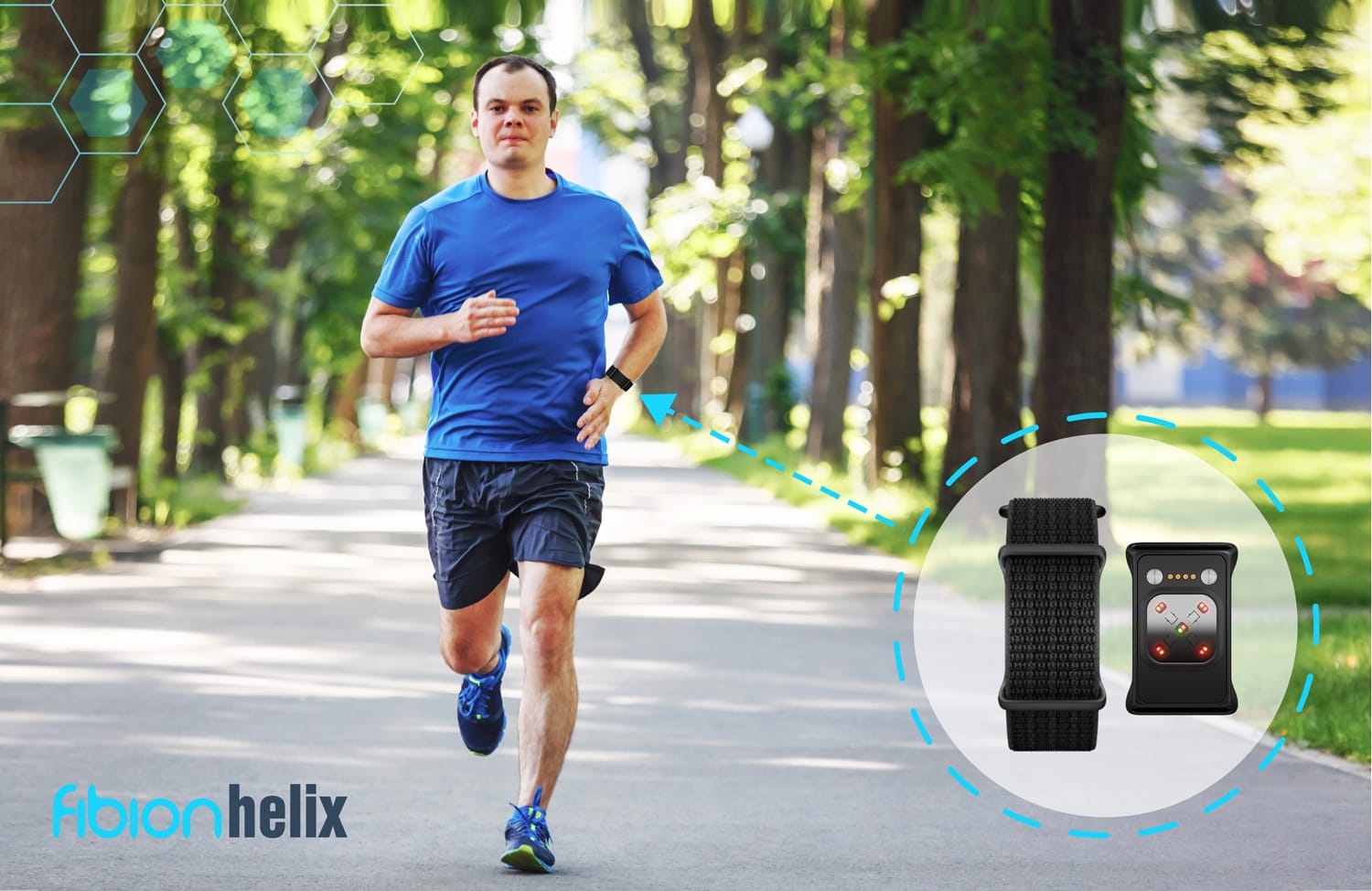 A man jogs through the park, a sleek wristband wrapped around his wrist, monitoring his every move. In a close-up inset, the Fabion Helix logo is proudly displayed on the screen of his fitness tracker.