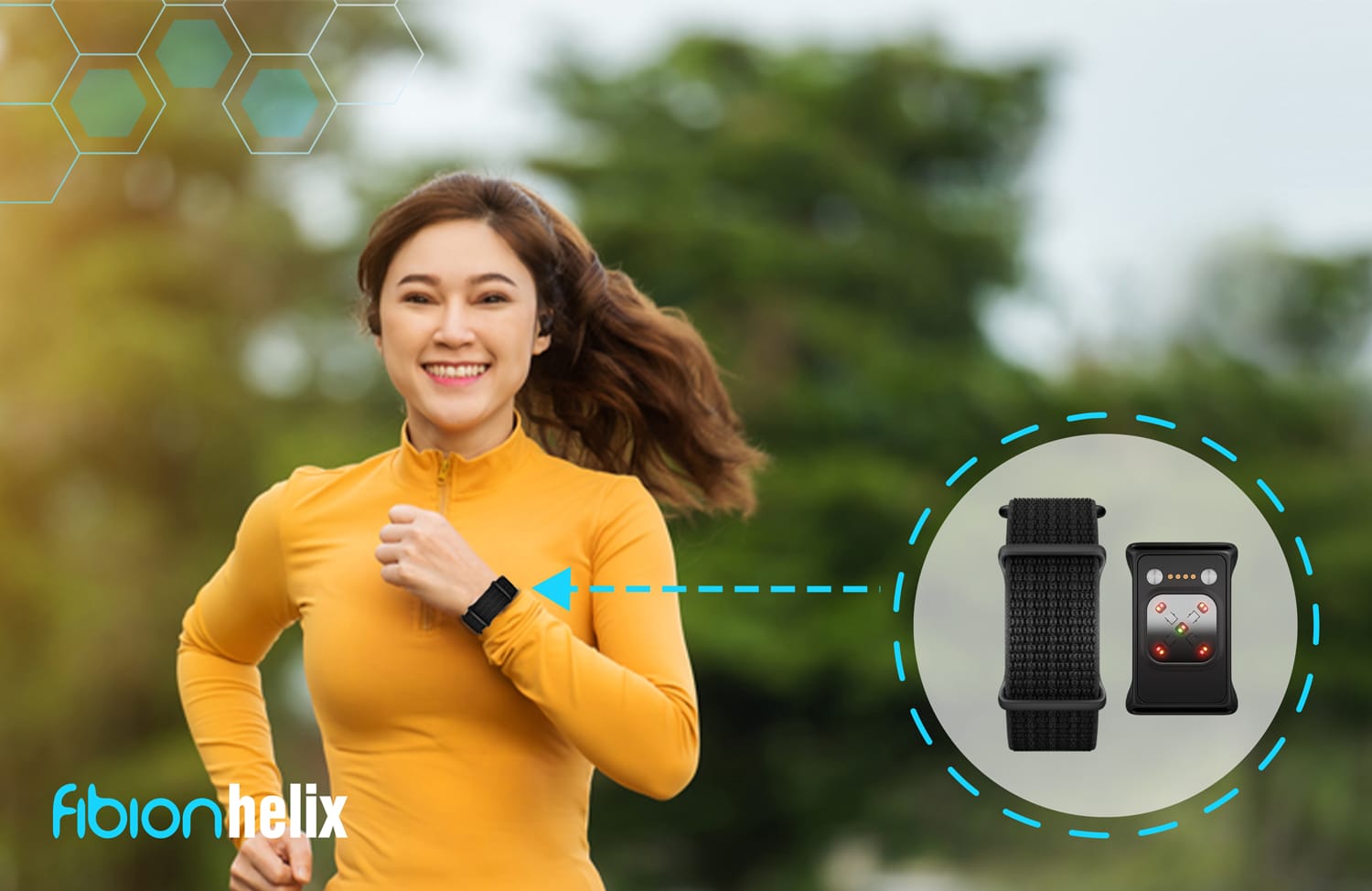 A woman in a yellow top jogs outdoors, her Fibion Helix fitness tracker on her wrist gleaming in the sunlight. A close-up of its features highlights precision tracking, making it an ideal choice for researchers seeking accurate data.