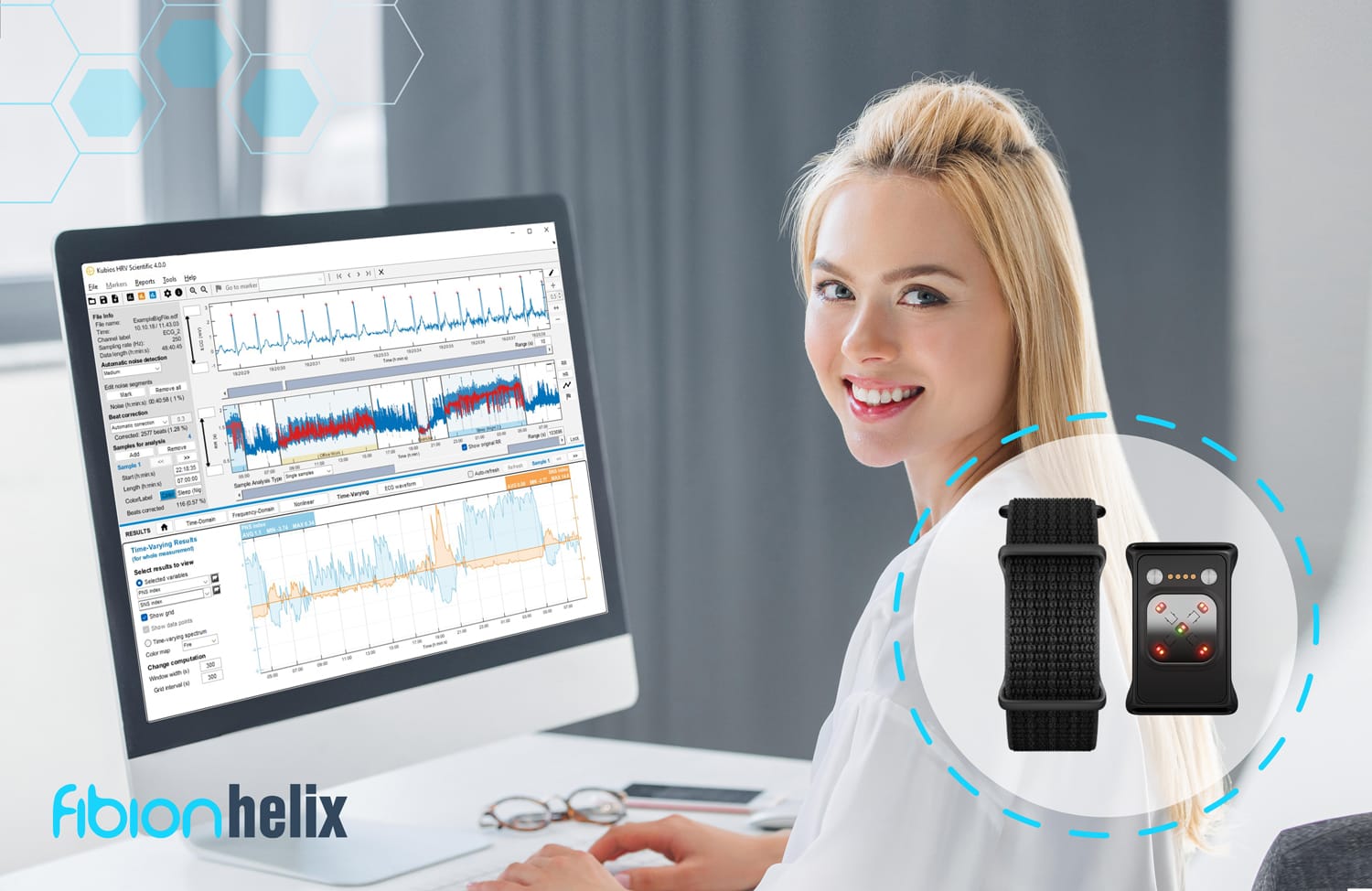 A woman smiles at the camera in front of a computer displaying analytical graphs, alongside an image of the Actigraphy Wristband, with the "Fibion Helix" logo prominently visible.