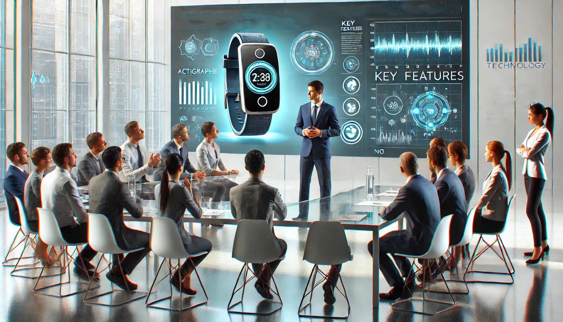 A man showcases the key features of wearable technology on a large screen to a diverse group seated around a conference table in a modern office.