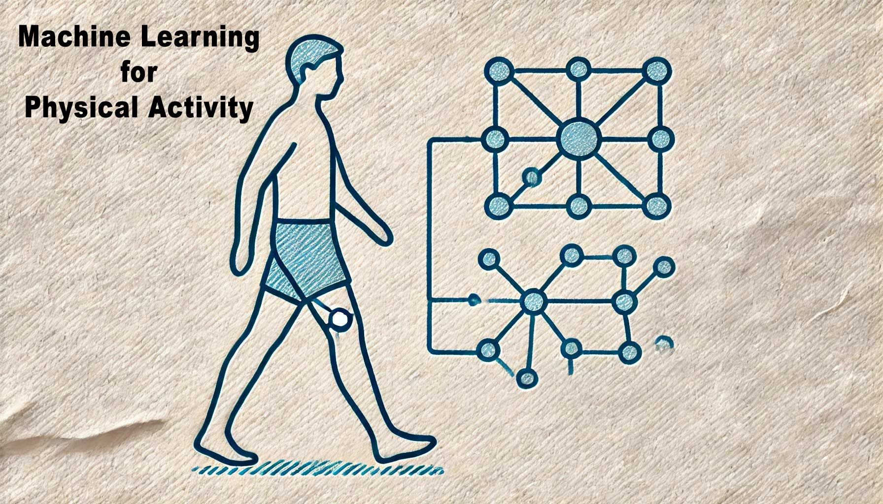 Illustration of a person walking with diagrams representing emerging trends in machine learning networks for analyzing physical activity. Text reads "Machine Learning for Physical Activity.