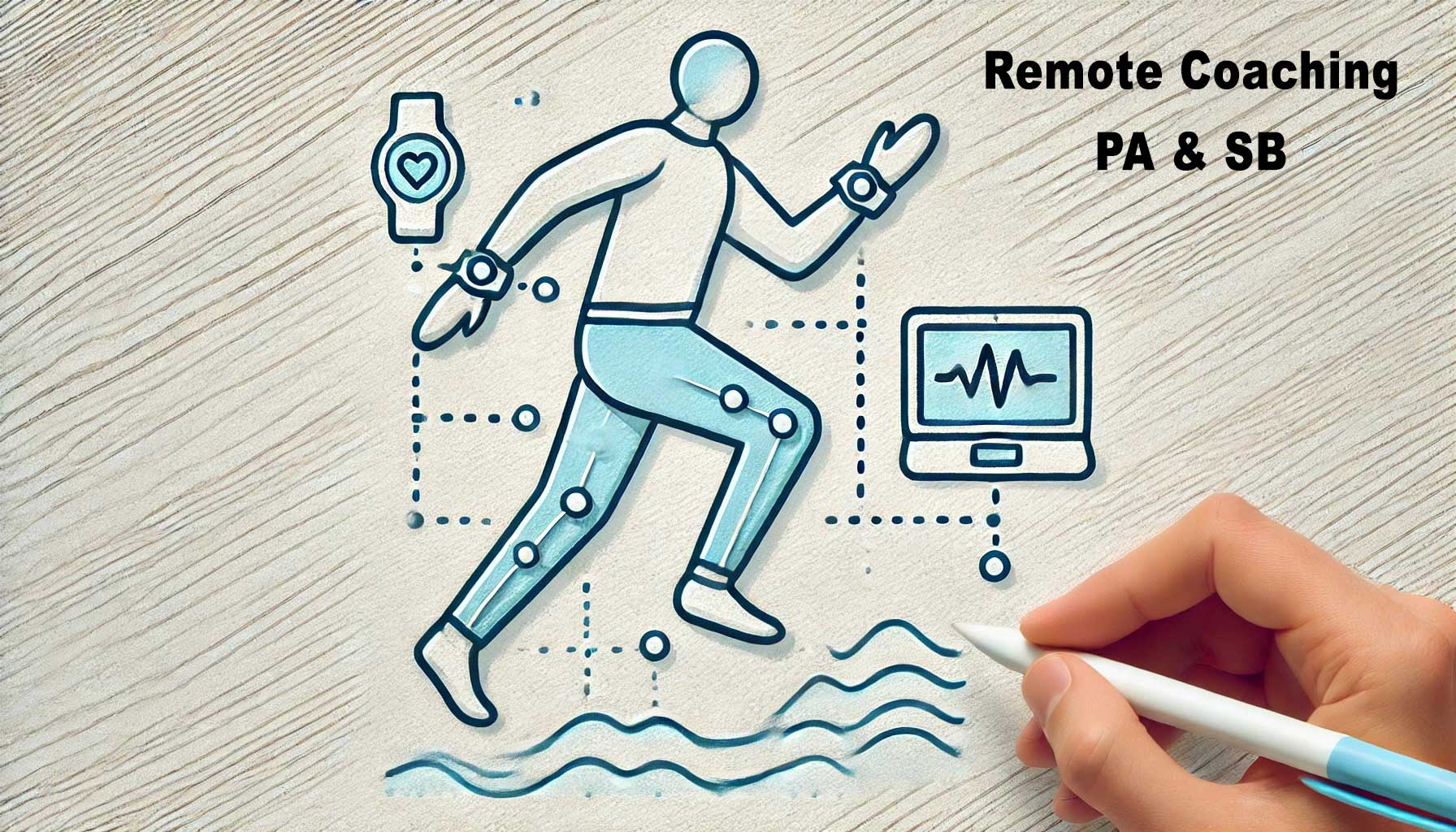 Illustration of a person running, surrounded by a smartwatch, heart monitor, and a hand drawing waves, with the text "Remote Coaching PA & SB." It's an inspiring depiction of reducing sedentary behavior and boosting physical activity through innovative remote coaching.