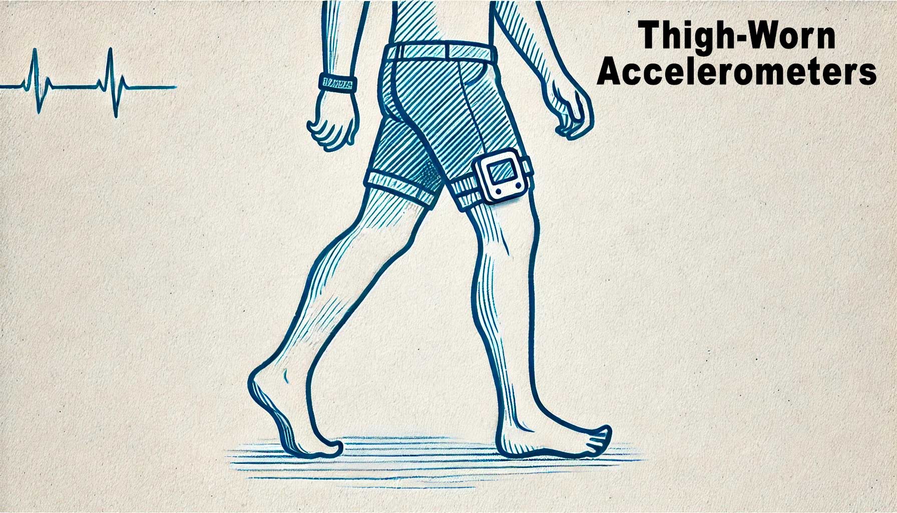 Illustration of a person walking with thigh-worn accelerometers and wristbands, precisely measuring activities. Devices are placed for accurate motion tracking, particularly during light intensity activities.