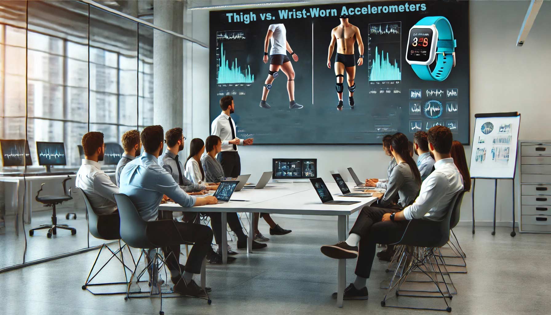 A group of people in a conference room watches a study presentation on thigh and wrist-worn accelerometers. The presenter points at the screen, highlighting graphs and images of these wearables.