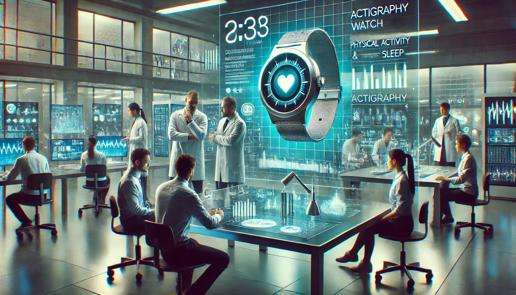 In a futuristic lab set in 2025, scientists are deeply engaged in research, analyzing data on transparent screens and tables. A large digital display showcases an advanced actigraphy watch with health metrics, surrounded by cutting-edge tech equipment.