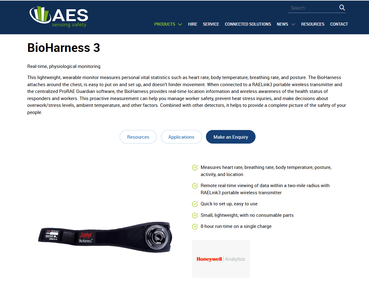 The website screenshot showcases the BioHarness 3, a state-of-the-art heart rate monitoring device, perfect for research in 2025. It lists real-time physiological monitoring features like heart and breathing rates, with easy contact and inquiry options available for further details.