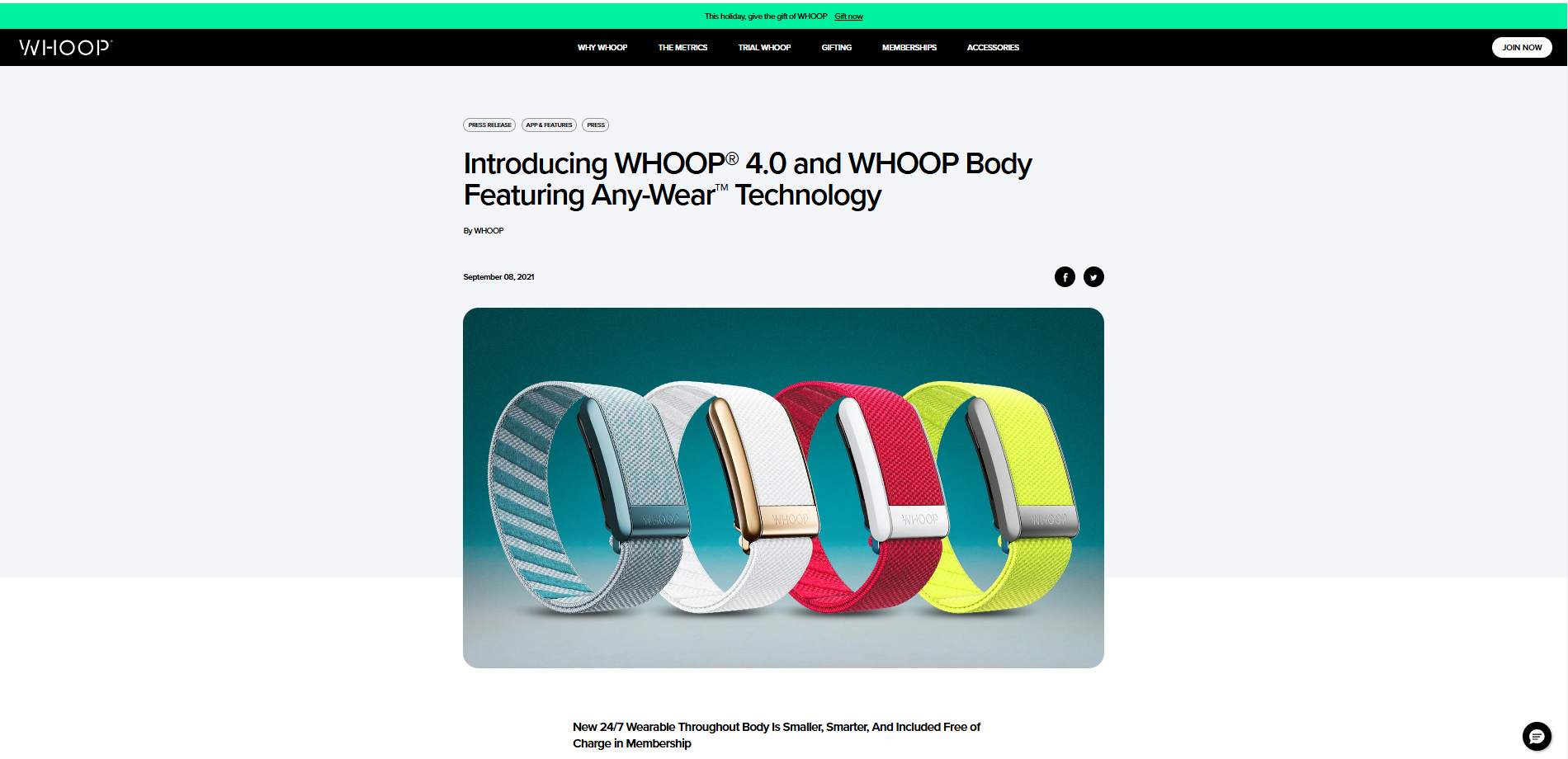 A sleek webpage showcases four vibrant WHOOP 4.0 wristbands, featuring 2025's advanced Any-Wear technology, seamlessly integrated with state-of-the-art heart rate monitoring devices.