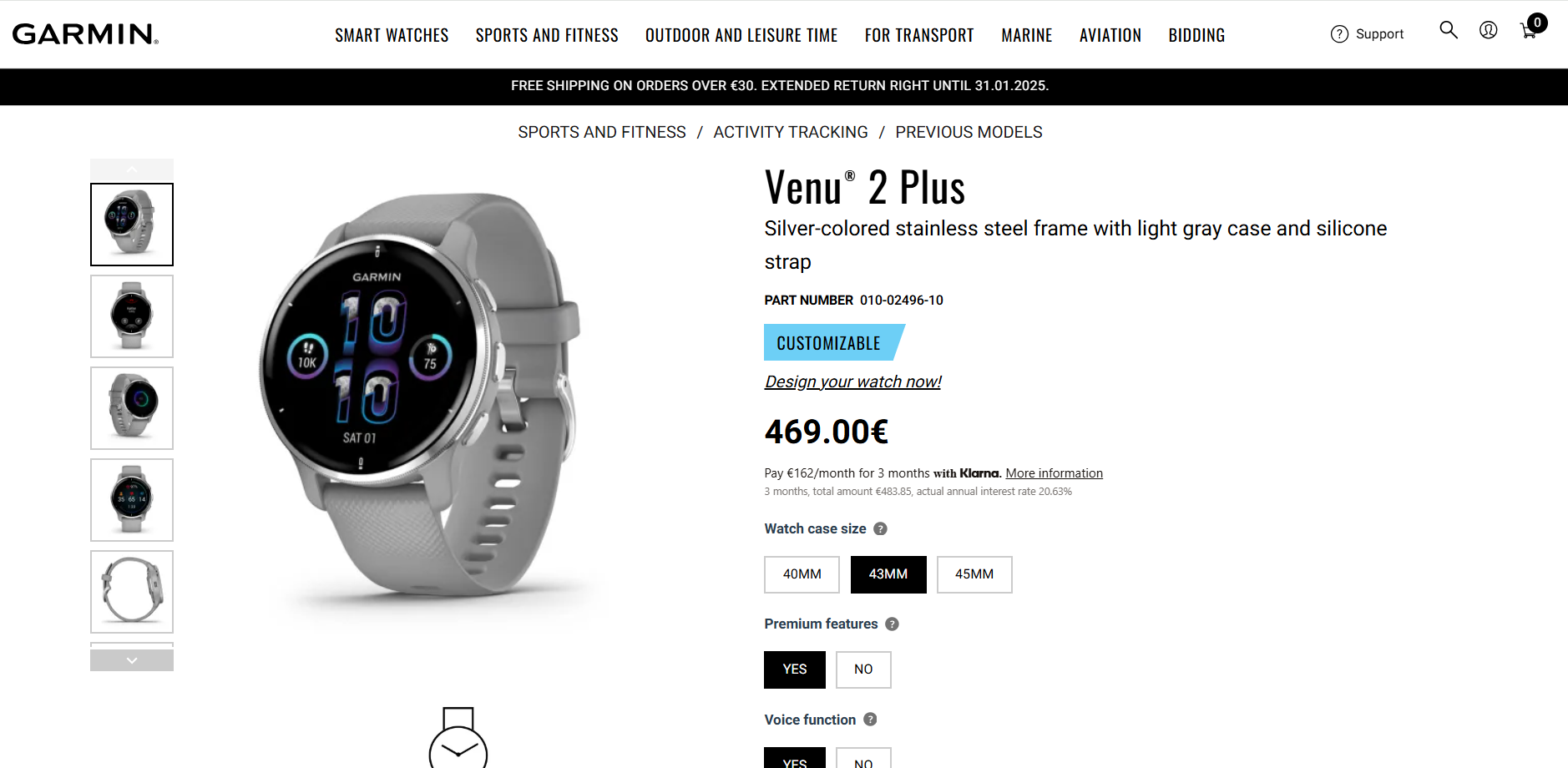 Screenshot of a product page for the Garmin Venu 2 Plus, a wearable featuring a smartwatch with a silver stainless steel frame and light gray silicone strap, priced at 469.00€. It includes an optical sensor for heart rate monitoring.