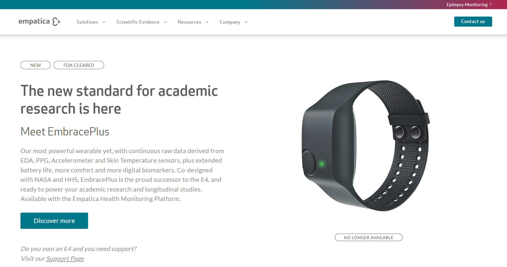 The website page features the EmbracePlus, a wearable device designed for academic research with advanced optical heart rate monitoring. A "Discover more" button and a "No longer available" link provide additional navigation options.