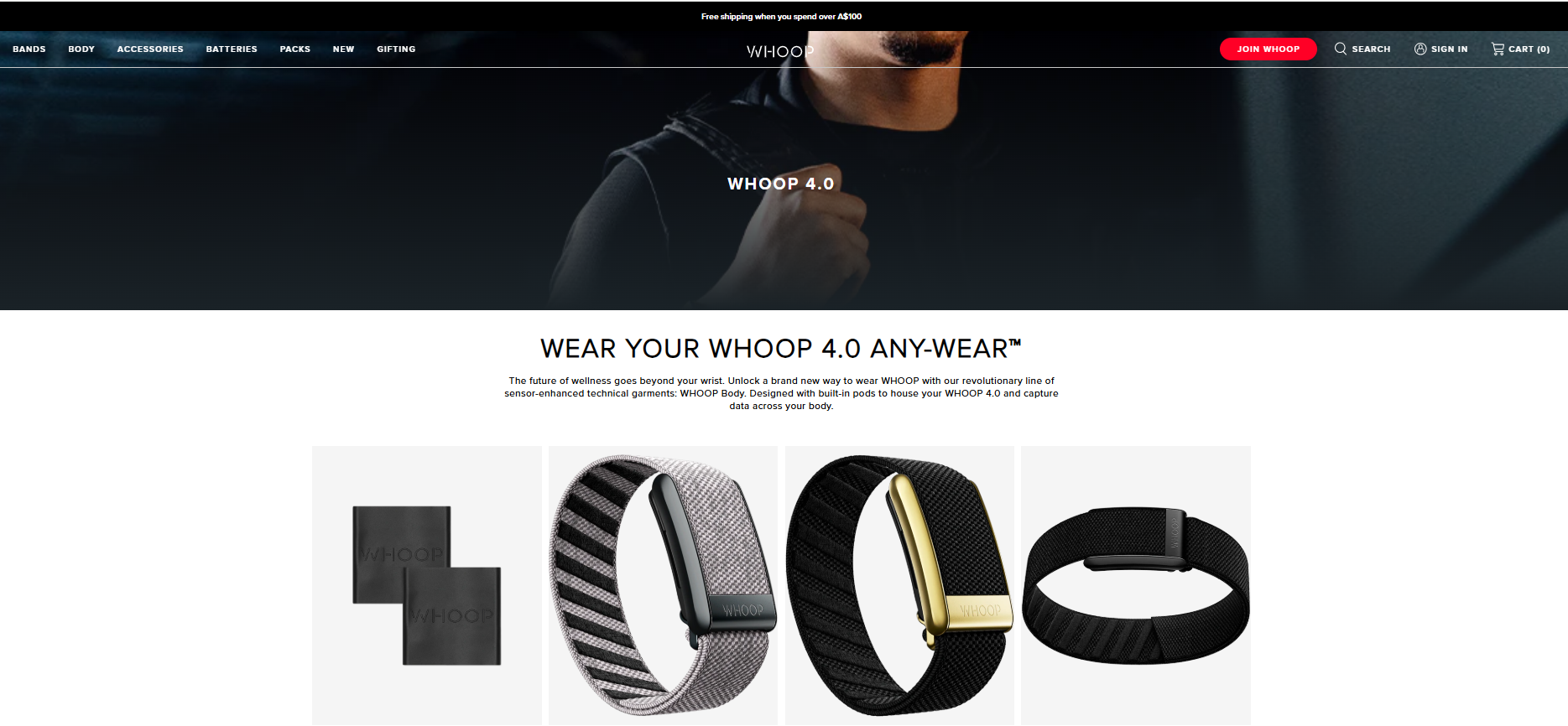 The WHOOP 4.0 advertisement showcases three sleek wristbands, emphasizing its wearables technology with customizable features. The optical heart rate monitor offers cutting-edge precision for fitness enthusiasts seeking advanced tracking.