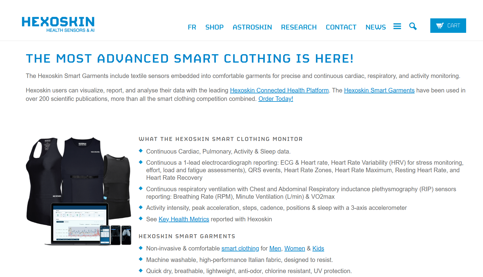 Screenshot of a webpage for Hexoskin smart clothing, featuring continuous monitoring of cardiac, respiratory, and activity data. It highlights heart rate monitoring with non-invasive garments for men, women, and kids. A glimpse into 2025's cutting-edge activity monitoring devices is evident here.