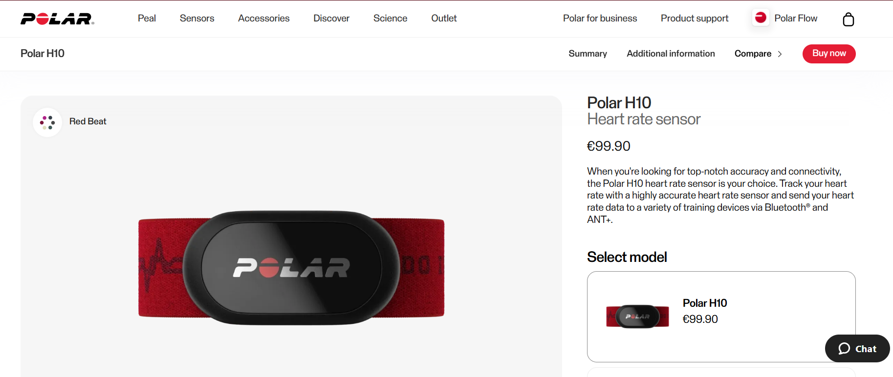 Explore the Polar H10 heart rate sensor webpage, featuring a detailed product description and price (€99.90), alongside an image of the device with a striking red strap. As we research advancements in heart rate monitoring devices leading to 2025, you'll find model selection options available.