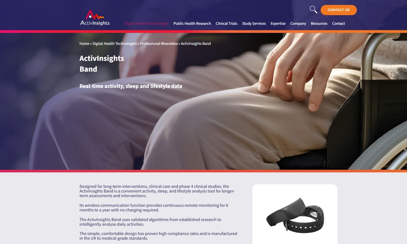 The webpage showcases the ActivInsights Band, perfect for real-time activity, sleep, and lifestyle data. This innovative device offers remote activity monitoring capabilities. Features include an image of the band and navigation options at the top.