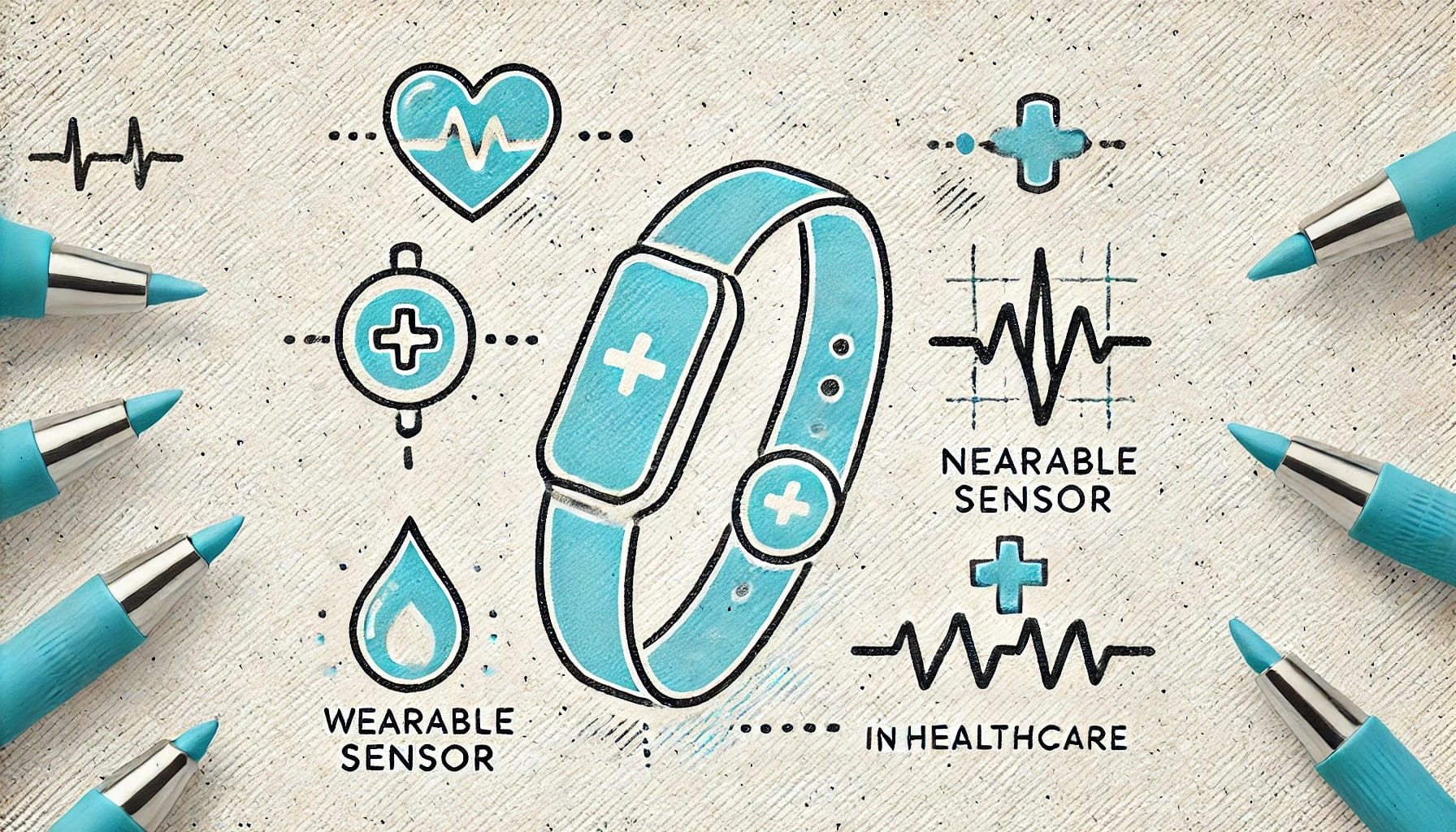 Illustration of a wearable health sensor wristband surrounded by icons and teal pens, showcasing its applications in monitoring heart rate and other healthcare metrics.