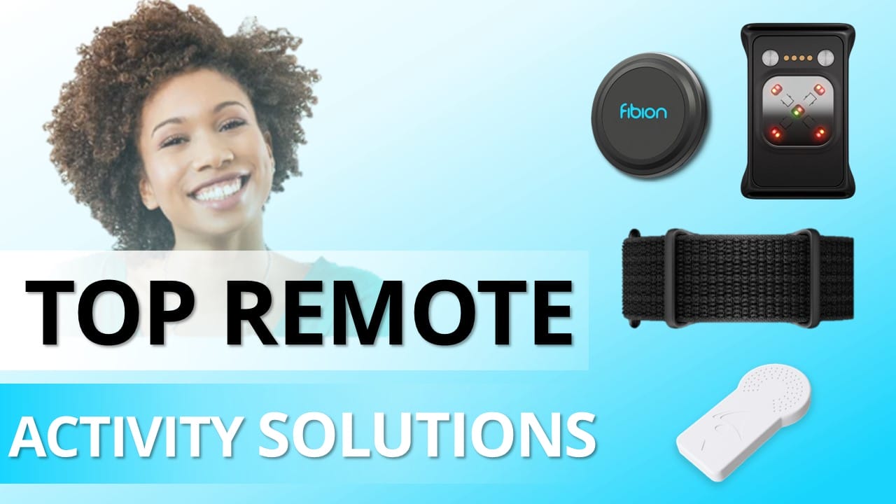 Woman smiling next to top devices for remote activity monitoring with text "Top Remote Activity Solutions" on a light blue gradient background.