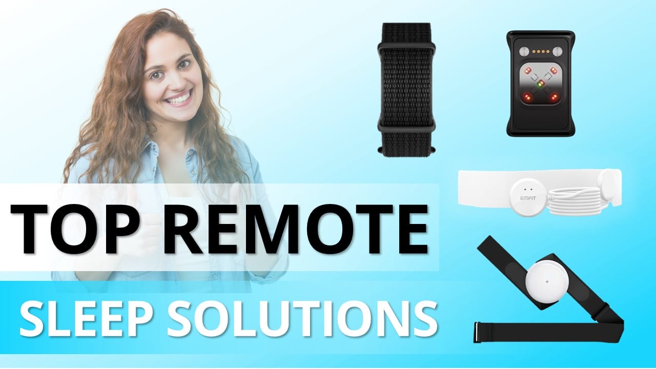 Smiling woman next to text "Top Remote Sleep Solutions" and images of sleep-related gadgets, showcasing cutting-edge remote sleep monitoring on a soothing blue background.