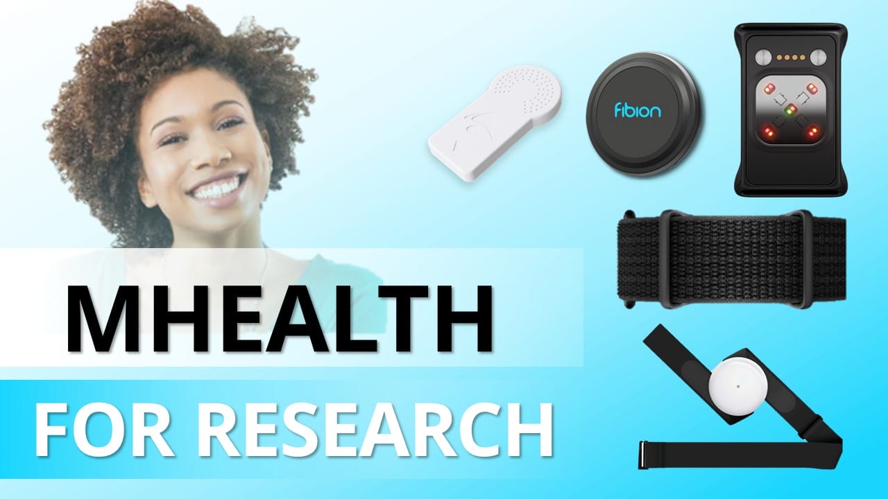 Image showcasing diverse wearable health devices with the text "MHEALTH FOR RESEARCH," featuring a smiling individual in the background, highlighting how choosing the right mobile health solution can elevate research capabilities and enhance personal well-being.