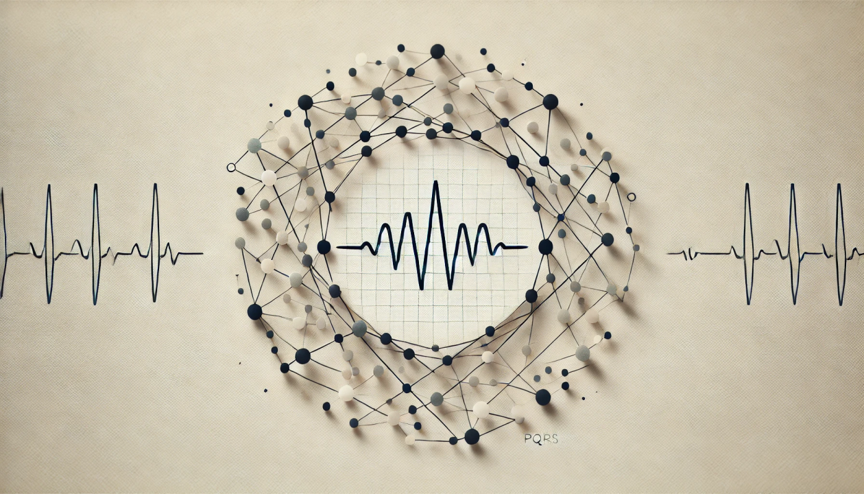 An electrocardiogram wave pattern intertwined with a circular network of interconnected nodes and lines on a beige background, symbolizing heart rate variability research.