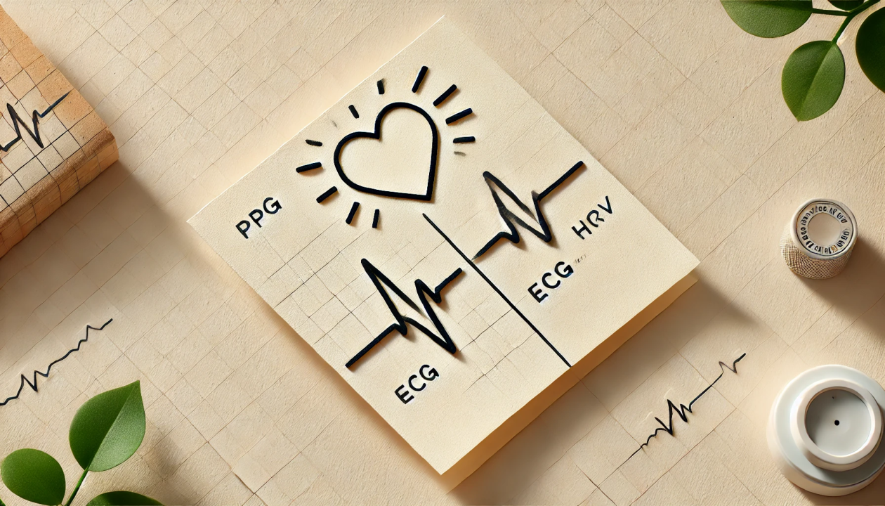 Amidst a serene setting of leaves and a candle on worn wood, a paper displays intricate heart diagrams labeled for research purposes, highlighting PPG, ECG, and ECG-Based HRV Measurement.