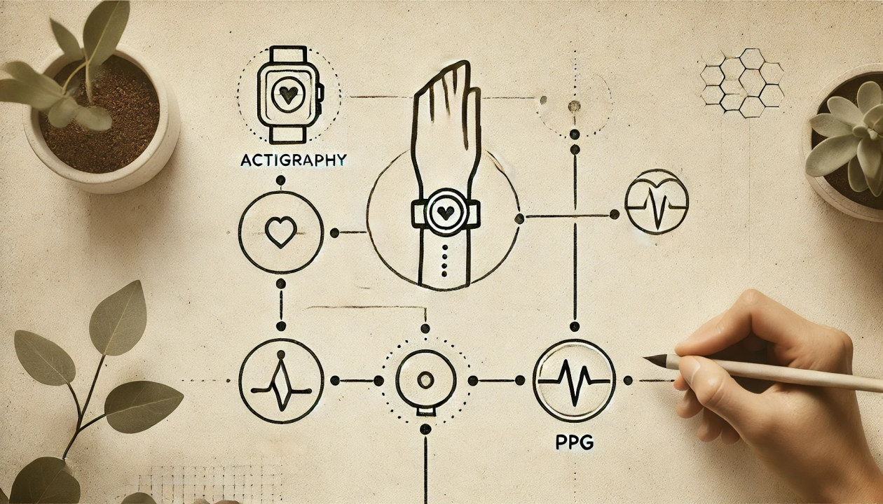 Illustration of wearable health devices and biometrics, featuring icons of actigraphy, PPG, and heart rate. The design captures remote health monitoring, with hand-drawn elements on paper surrounded by plants and geometric shapes.