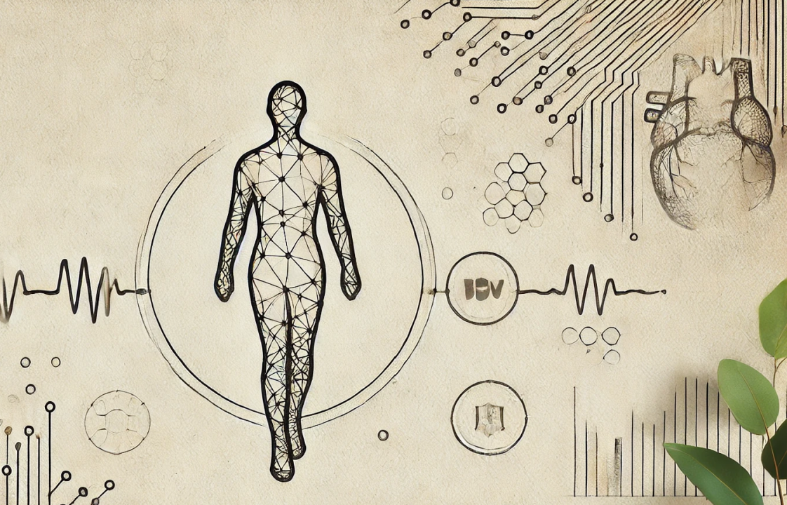 Illustration of a wireframe human figure amidst circuit-like designs, heart anatomy, and wave patterns on textured background, subtly integrating HRV data to highlight the intricate connection between posture and activity.