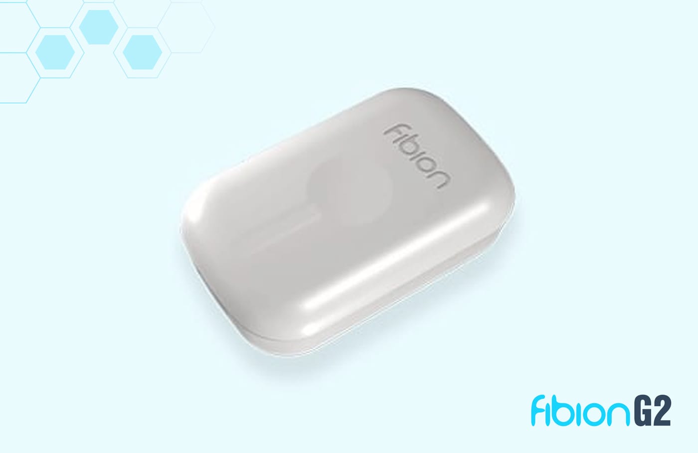 A white Fibion G2 device with rounded edges on a light blue background. The device bears the Fibion logo, and the brand name appears in the lower right corner.