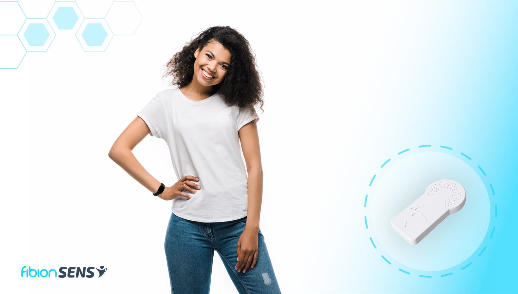 Smiling woman in a white t-shirt and jeans poses with one hand on her hip. A close-up of a sensing device is shown to the right.