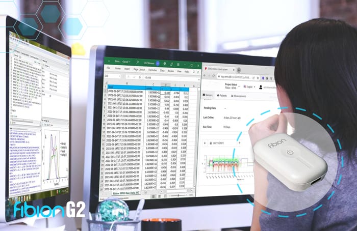 Two computer monitors displaying data charts and spreadsheets, with a person holding a white Fibion G2 device in the foreground.