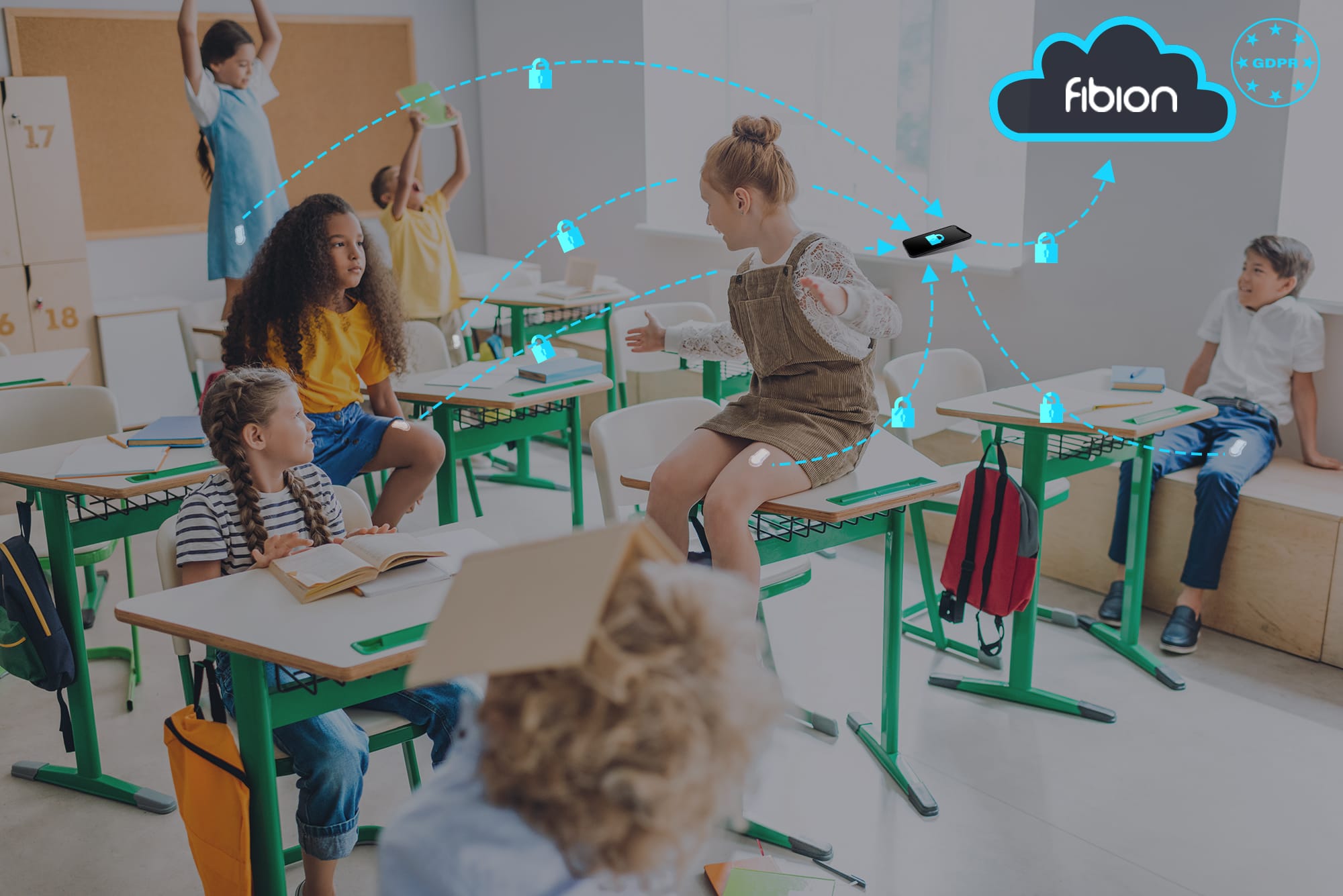 Children interact in a classroom with desks and chairs. A digital overlay shows connectivity among them, utilizing wearable data collection to enhance engagement.