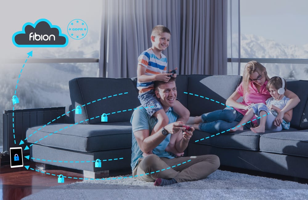 A family in a living room plays video games. A boy sits on a man's shoulders, while a woman and a child use a tablet. Cloud and lock icons suggest data security.